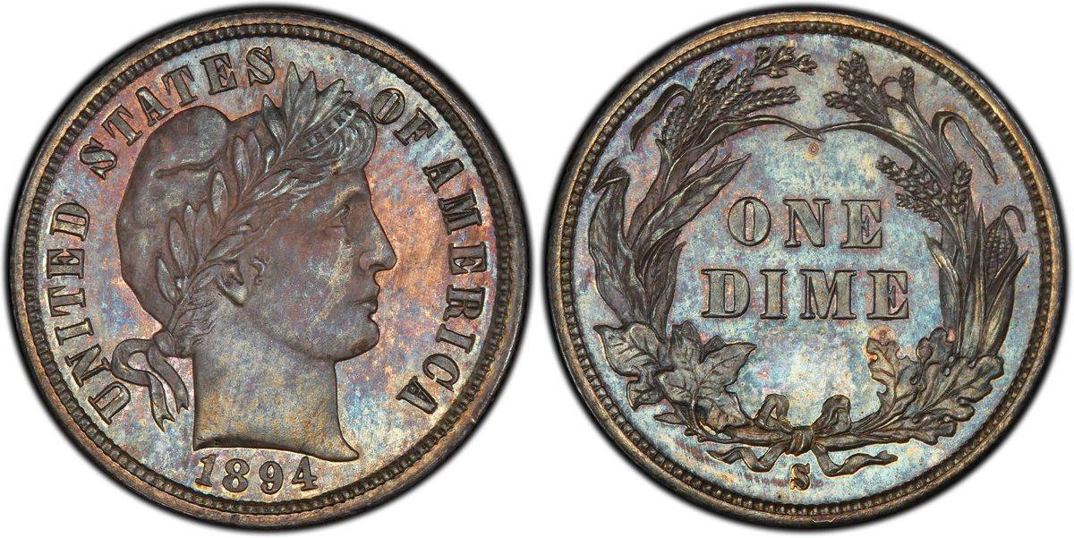 silver barber dime from 1894 with both sides showing