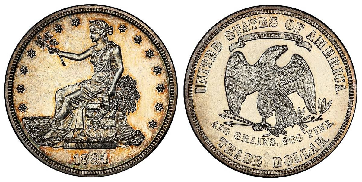 trade dollar coin showing both sides with Liberty and eagle
