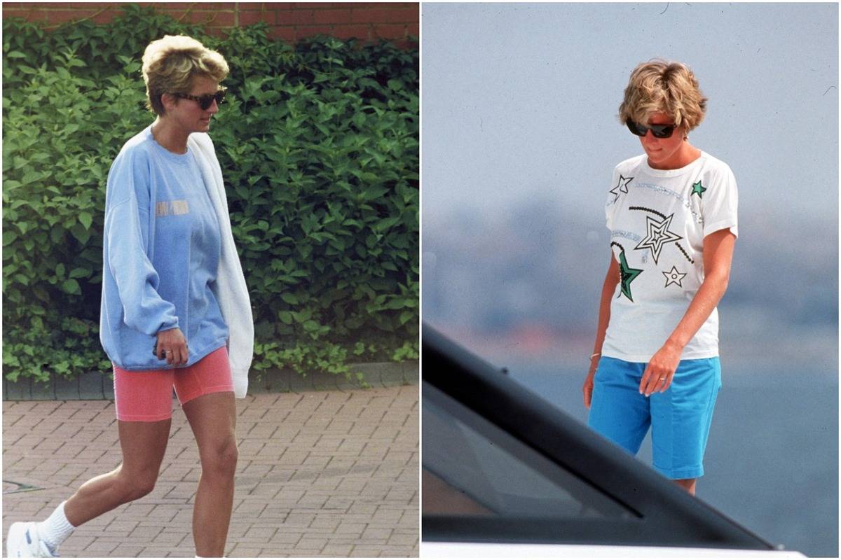 In these two photos, Diana wears a t-shirt or sweatshirt with colorful shorts.