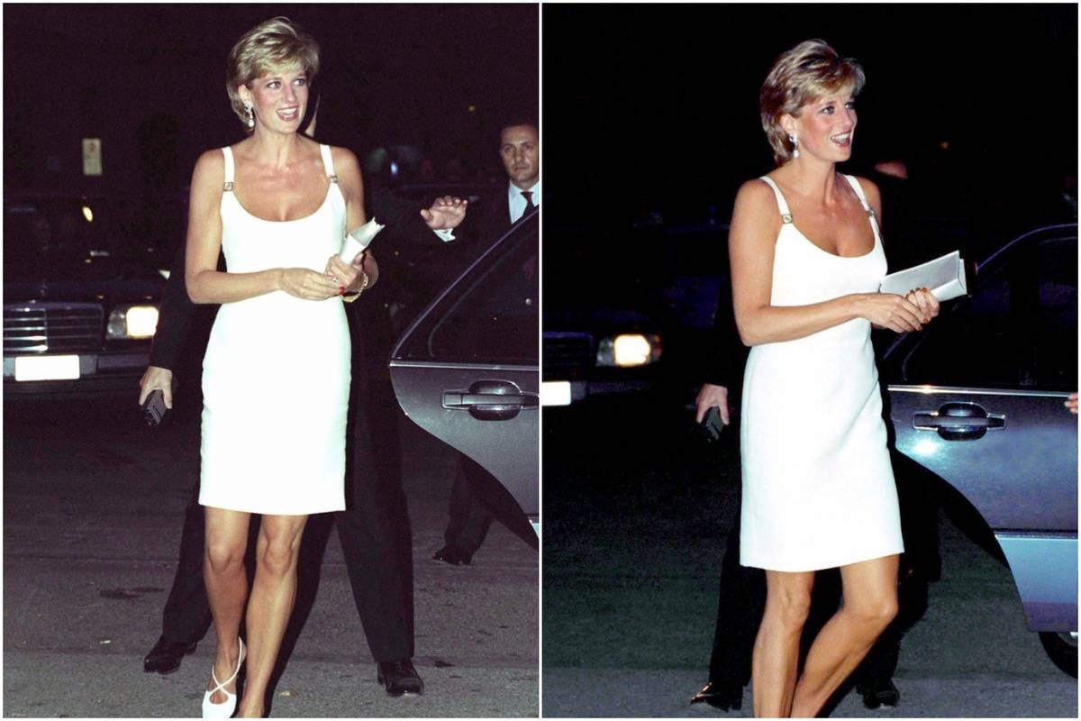 Diana wears a short, spaghetti-strap white dress.