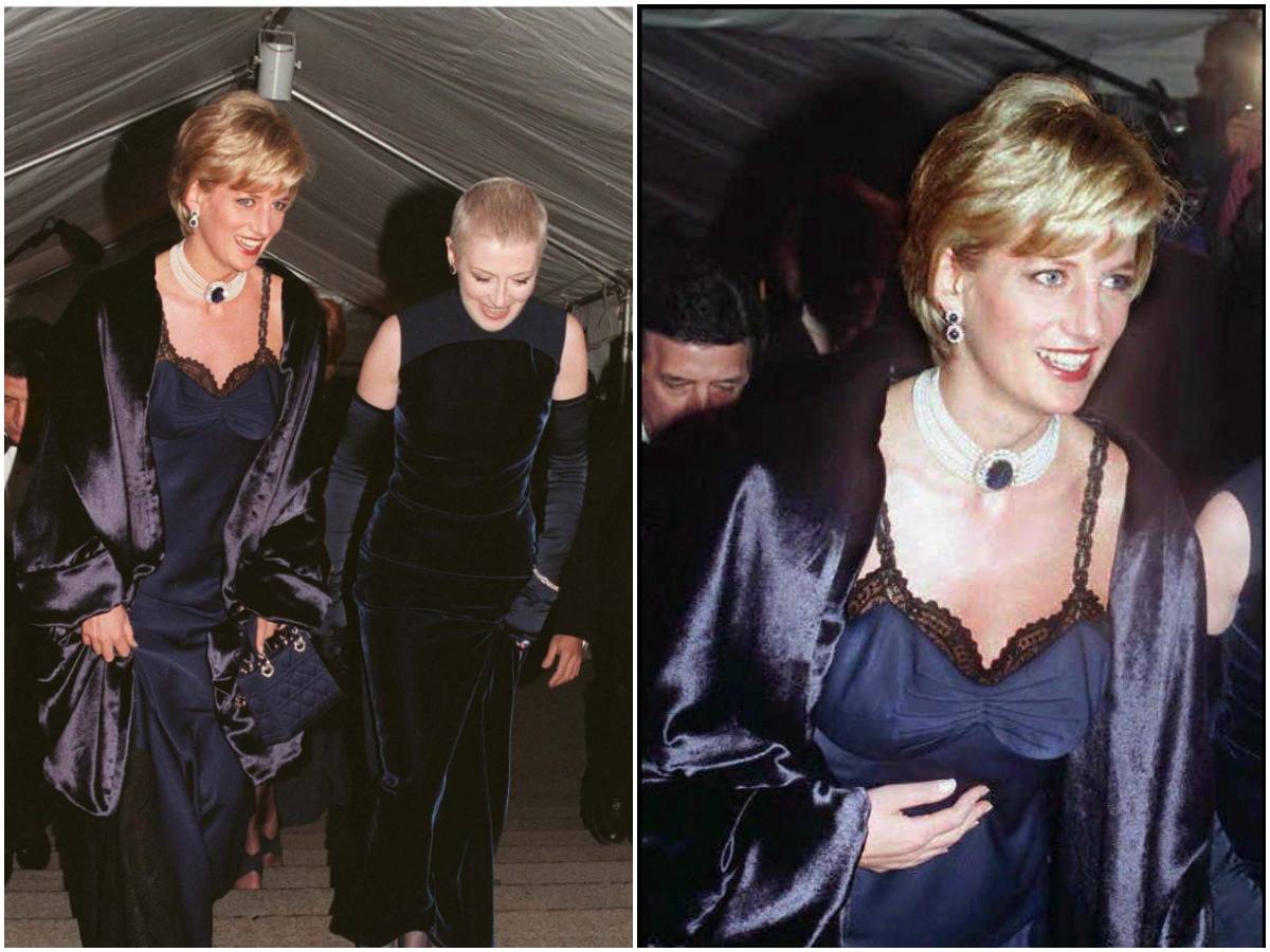 Princess Diana attends the 1996 Met Gala in a Dior dress.