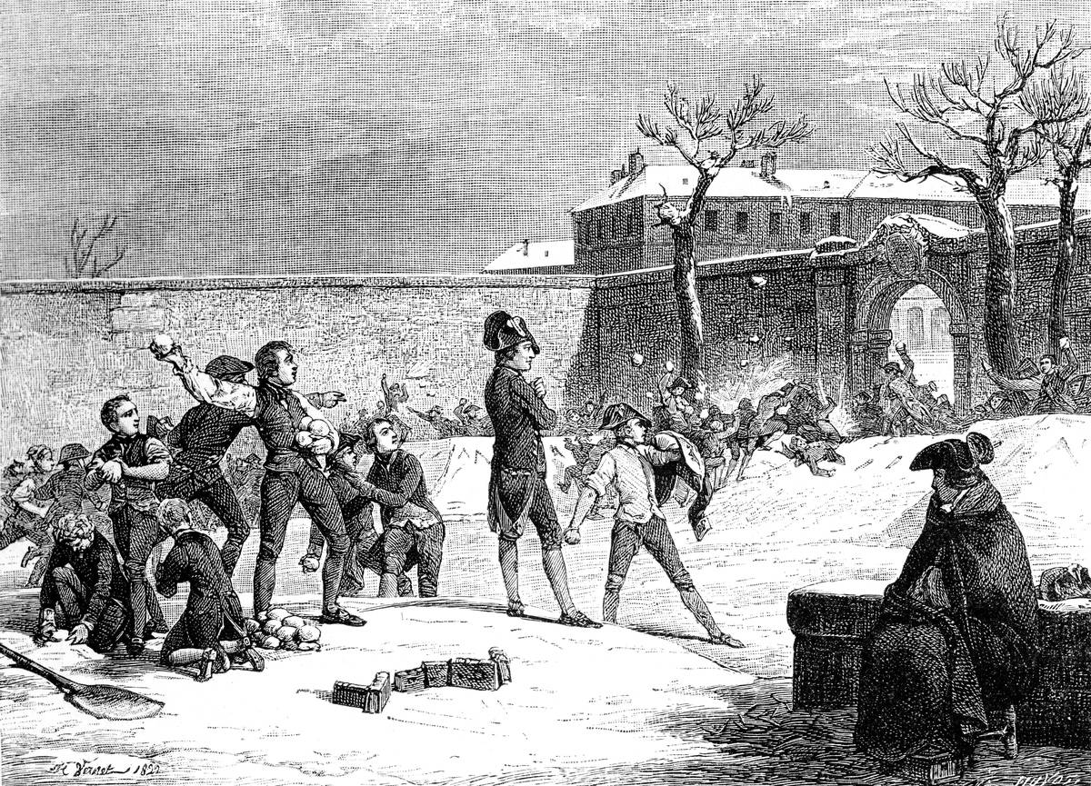 In this engraving from 1780, Napoleon is depicted with soldiers.