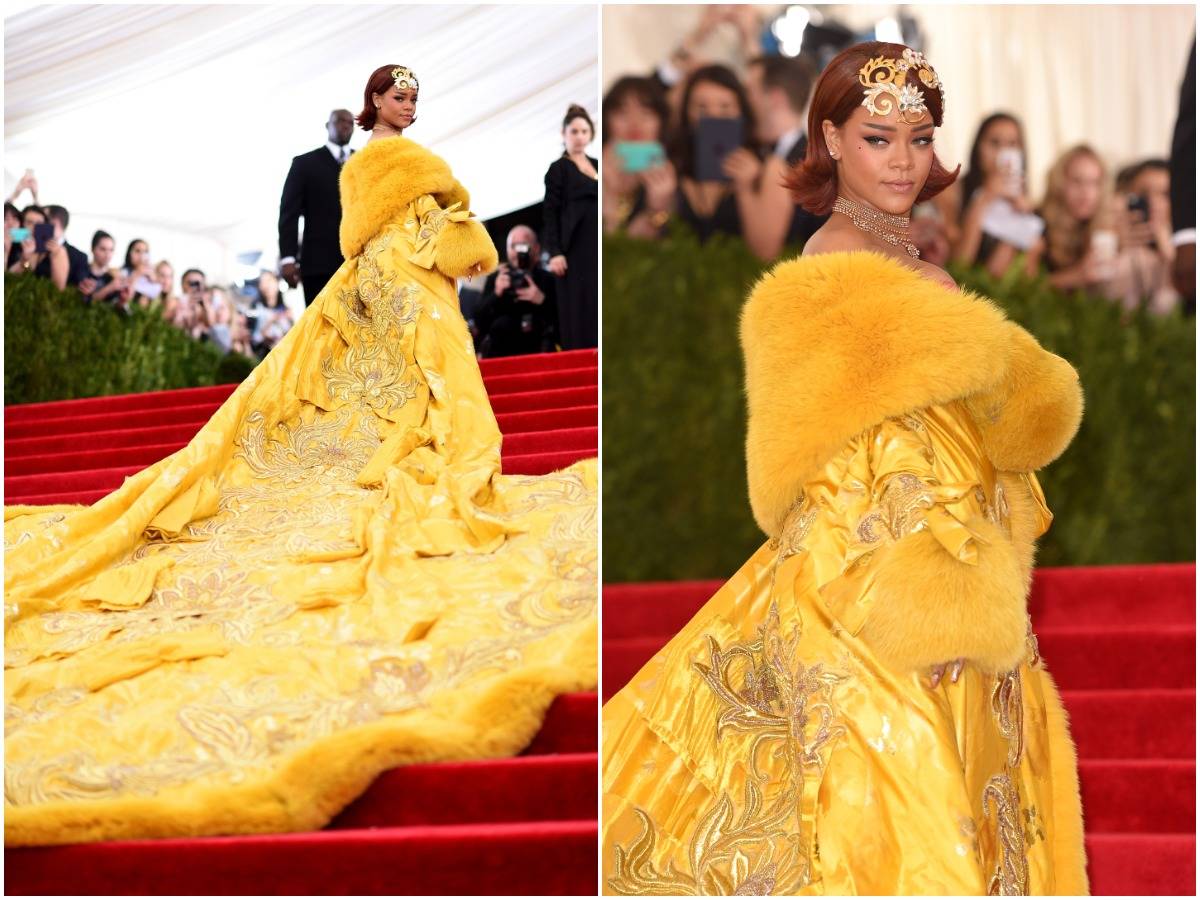 Rihanna walks up the stairs in her traditional Chinese-inspired Met Gala dress, 2015.