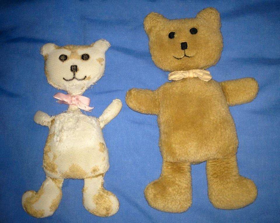 very worn teddy bear next to mildly worn teddy bear