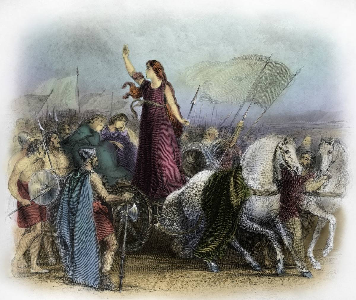 Boudica of the British Iceni tribe leads an uprising against the occupying forces of the Roman Empire.