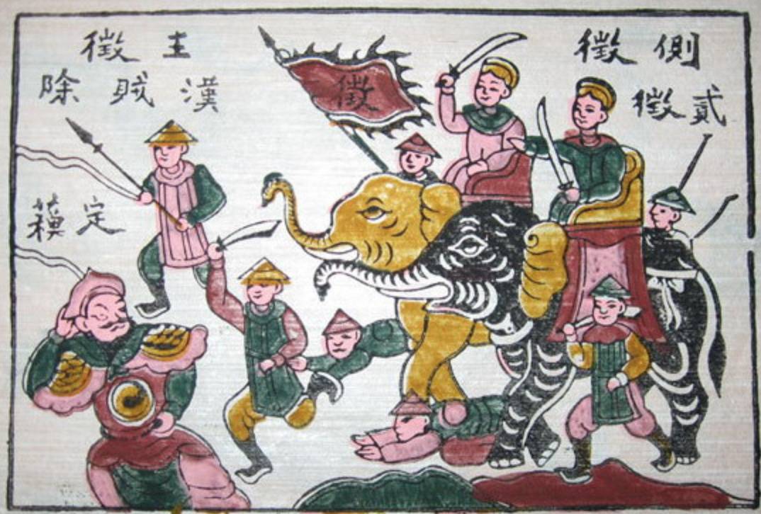 This Đông Hồ painting shows the Trung sisters riding into war on elephants.