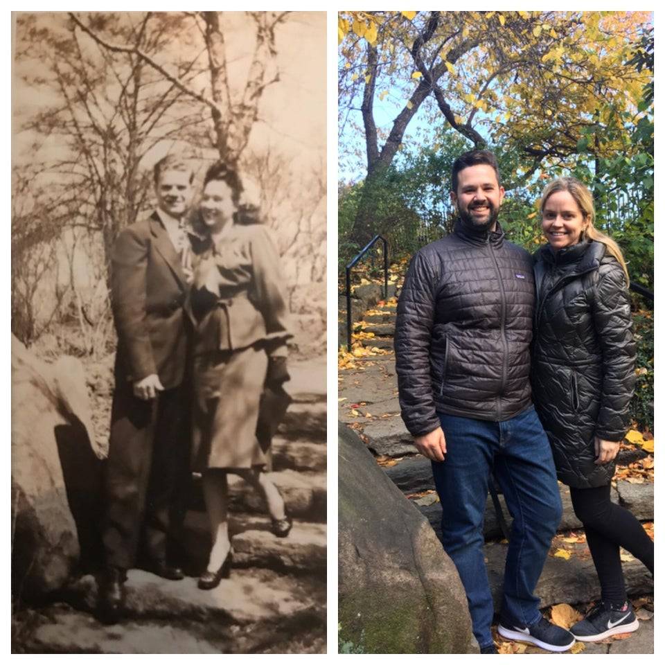 couple recreating photo in same spot as her grandparents