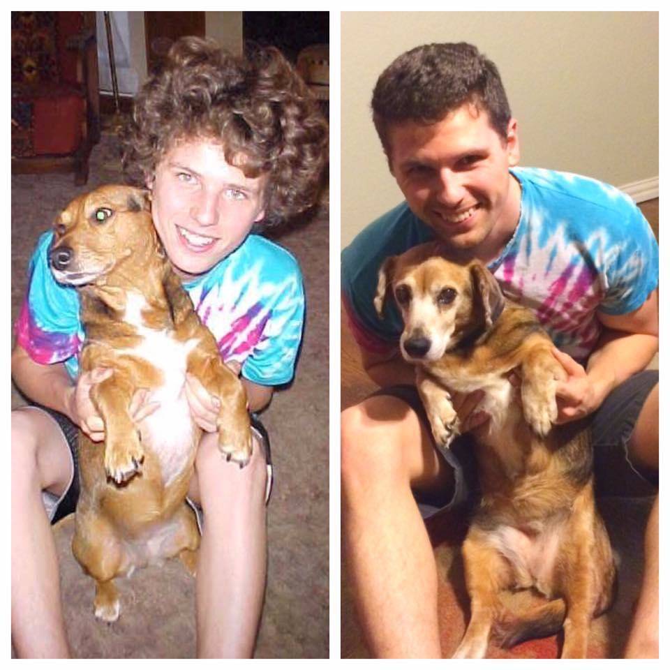 dog with man in tie dye shirt