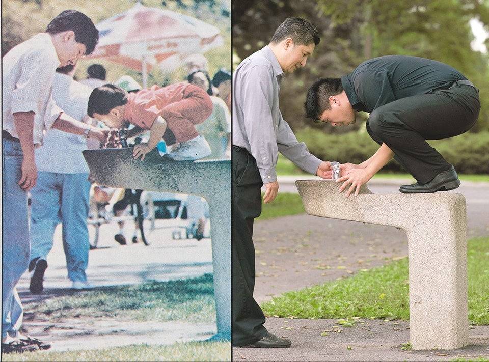 drinking water from fountain with dad