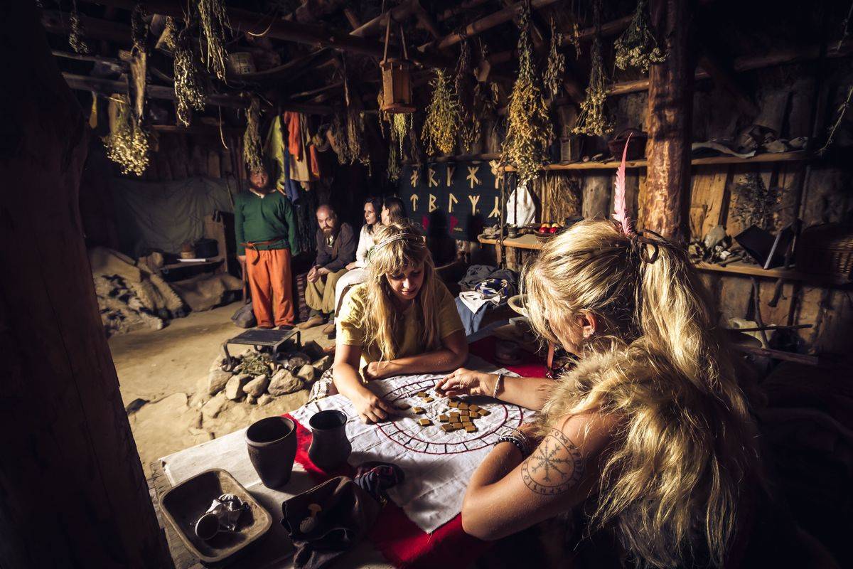 Fortune telling, interior of a Viking hut