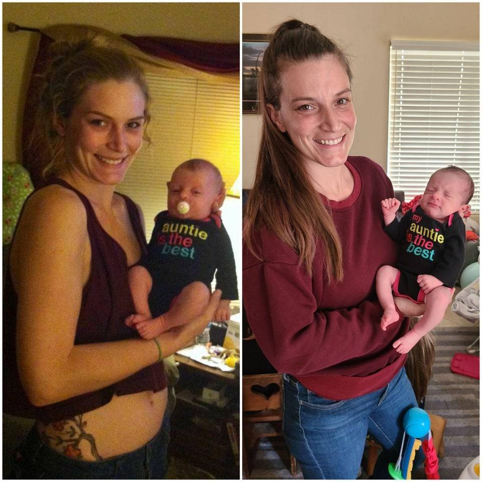 sisters recreating same photo with one another's child