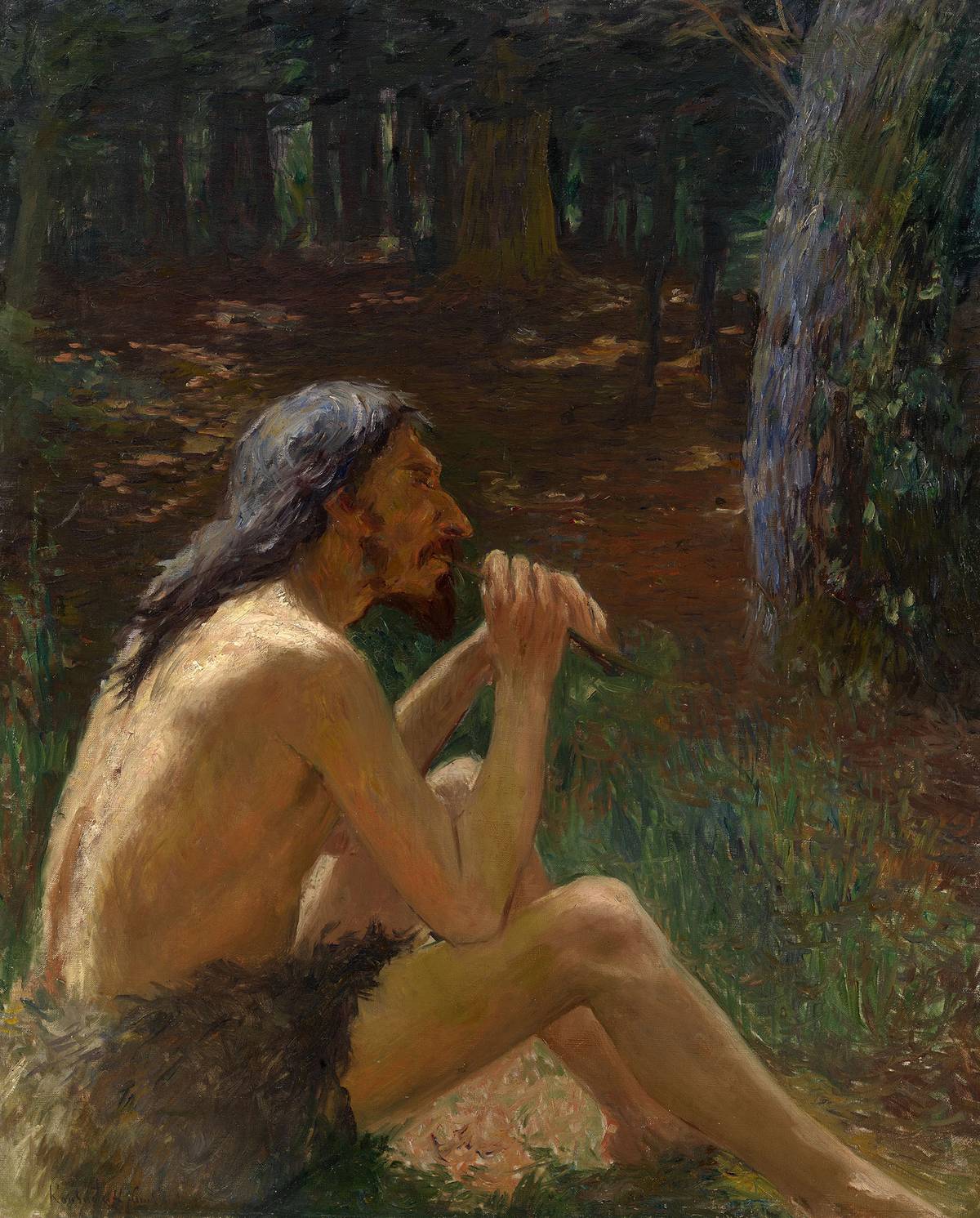 In this painting, a male caveman plays the flute.