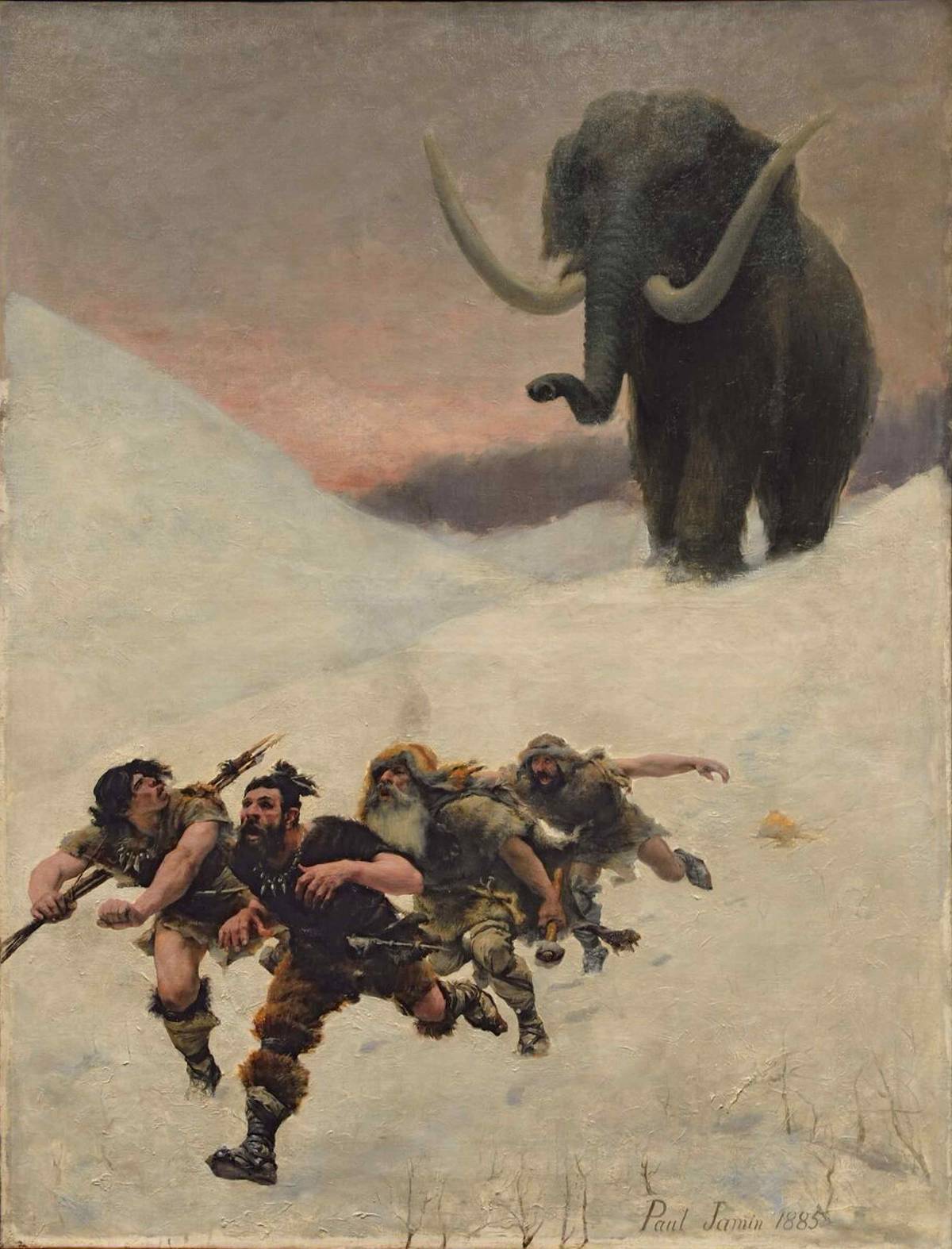 In this 1885 painting, ancient humans run from a mammoth.