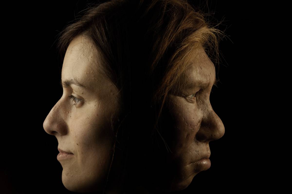 A modern woman's face is shown next to an ancient woman's face.