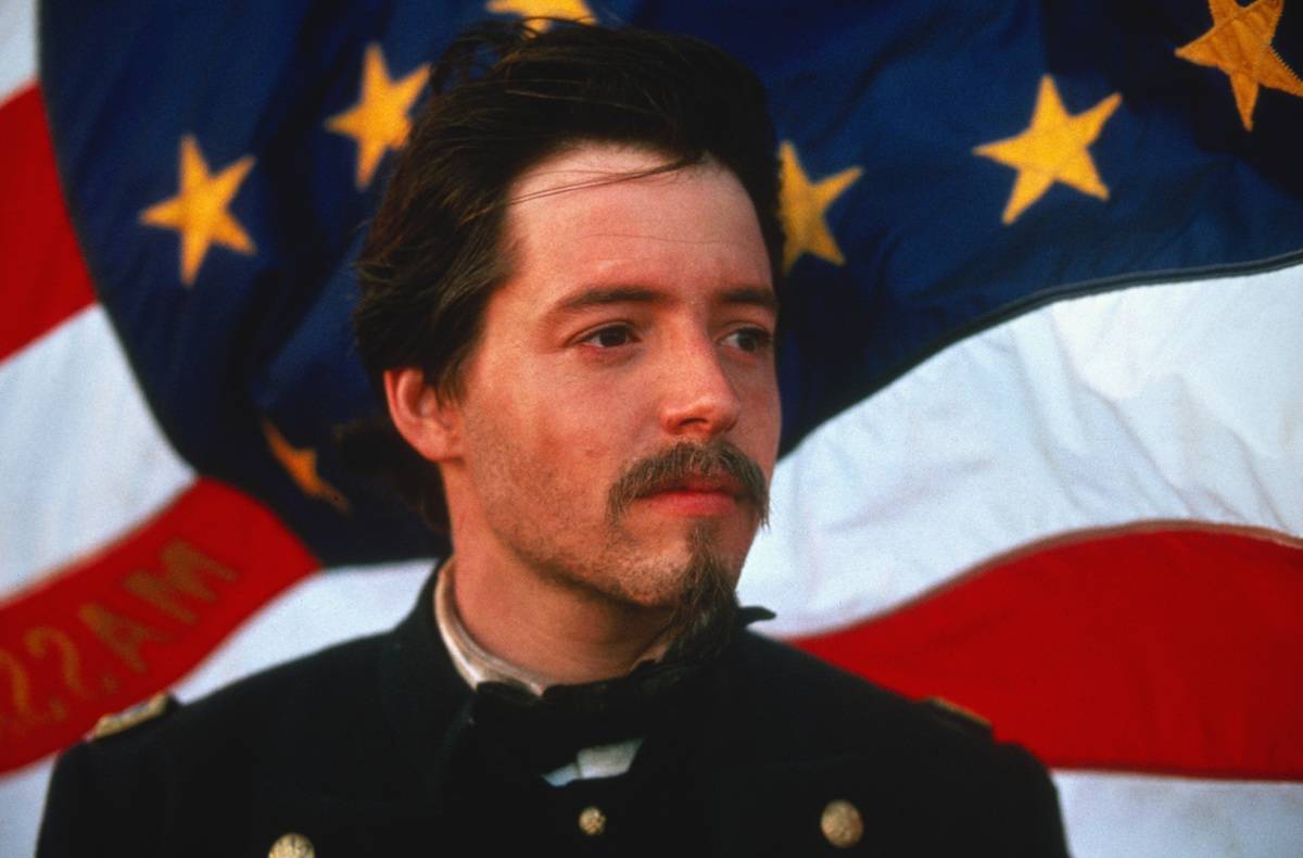 Matthew Broderick in front of the American flag in Glory