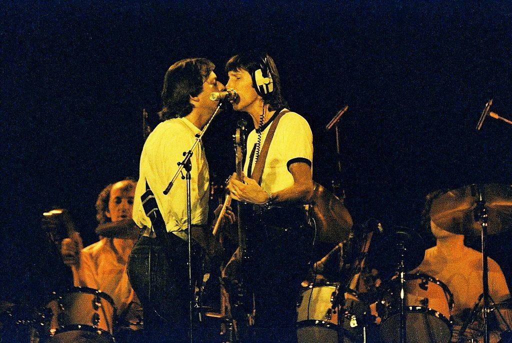 David Gilmour and Roger Waters of Pink Floyd perform on stage in 1980