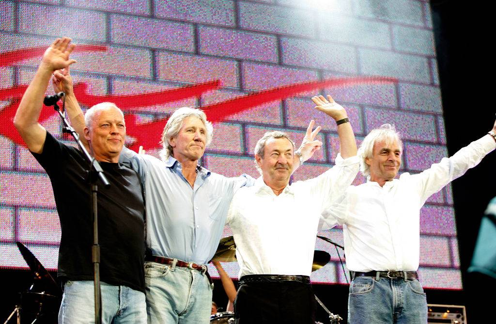 David Gilmour, Roger Waters, Nick Mason and Rick Wright from the band Pink Floyd on stage in 2005