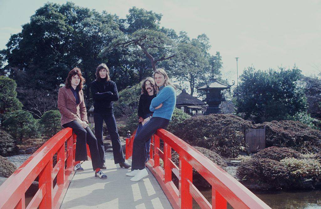 Pink Floyd at a photo session in the Japanese garden, Tokyo, March 1972