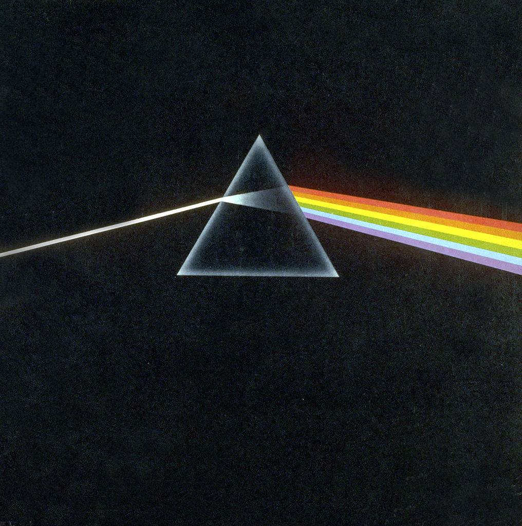 Album cover of Pink Floyd's Dark Side Of The Moon with a triangle and rainbow