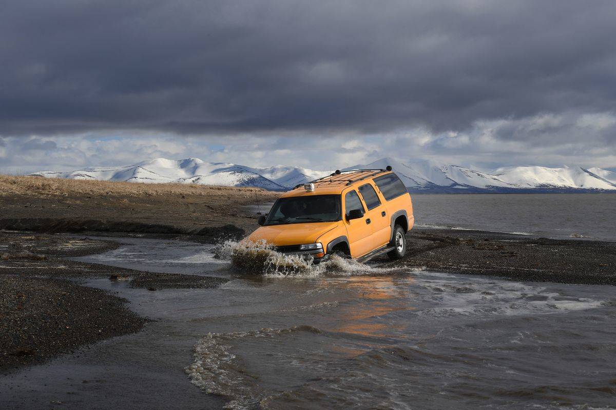 A vehicle that drove beside melting permafrost fell into the water.