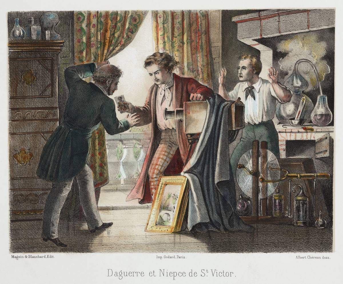 In this artwork, Louis Jacques Mande Daguerre and the nephew of Joseph Niepce take a photo on a daguerrotype, 1839.