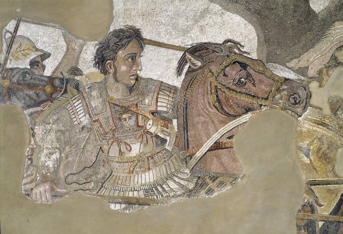 In this motif, Alexander the great rides his horse Bucephalus.