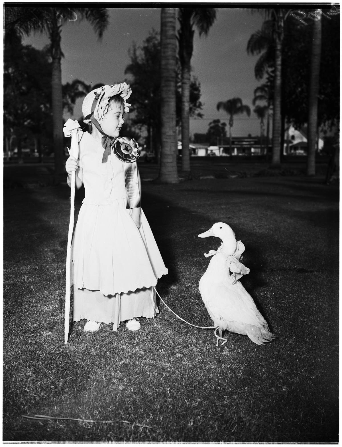 Little girl dressed as Bo Peep standing with a goose at the Anaheim Halloween Festival in 1951