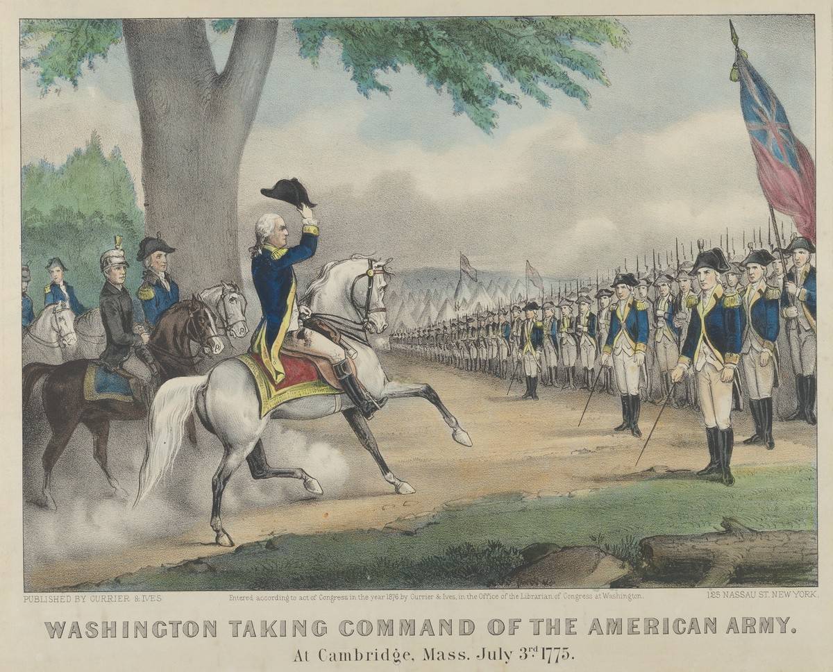 While commanding the American Army, George Washington rides his horse, Blueskin.