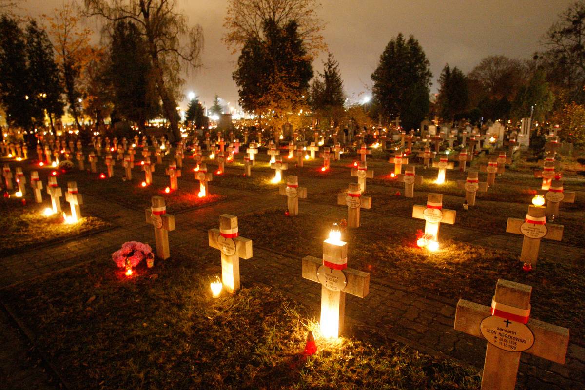 A cemetery in Poland lites its graves during a vigil of All Souls.