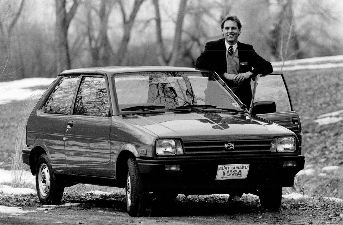 JAN 3 1987; Burt Subaru General Manager Mark Neracher displays the one and only Justy.;