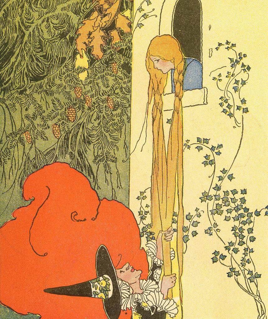 illustration of rapunzel letting down her hair for the witch