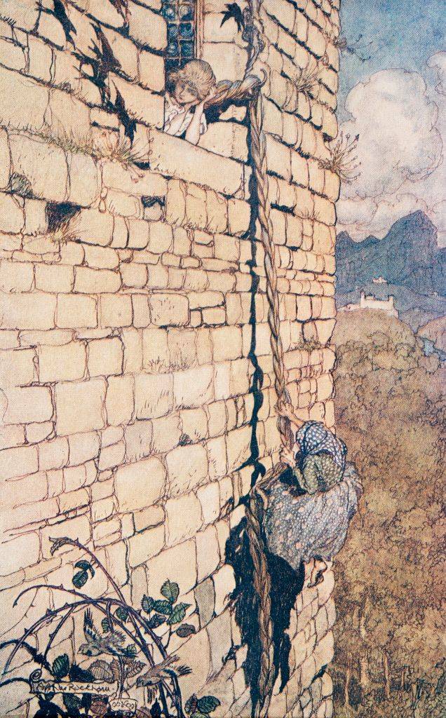 illustration from rapunzel with prince climbing her hair