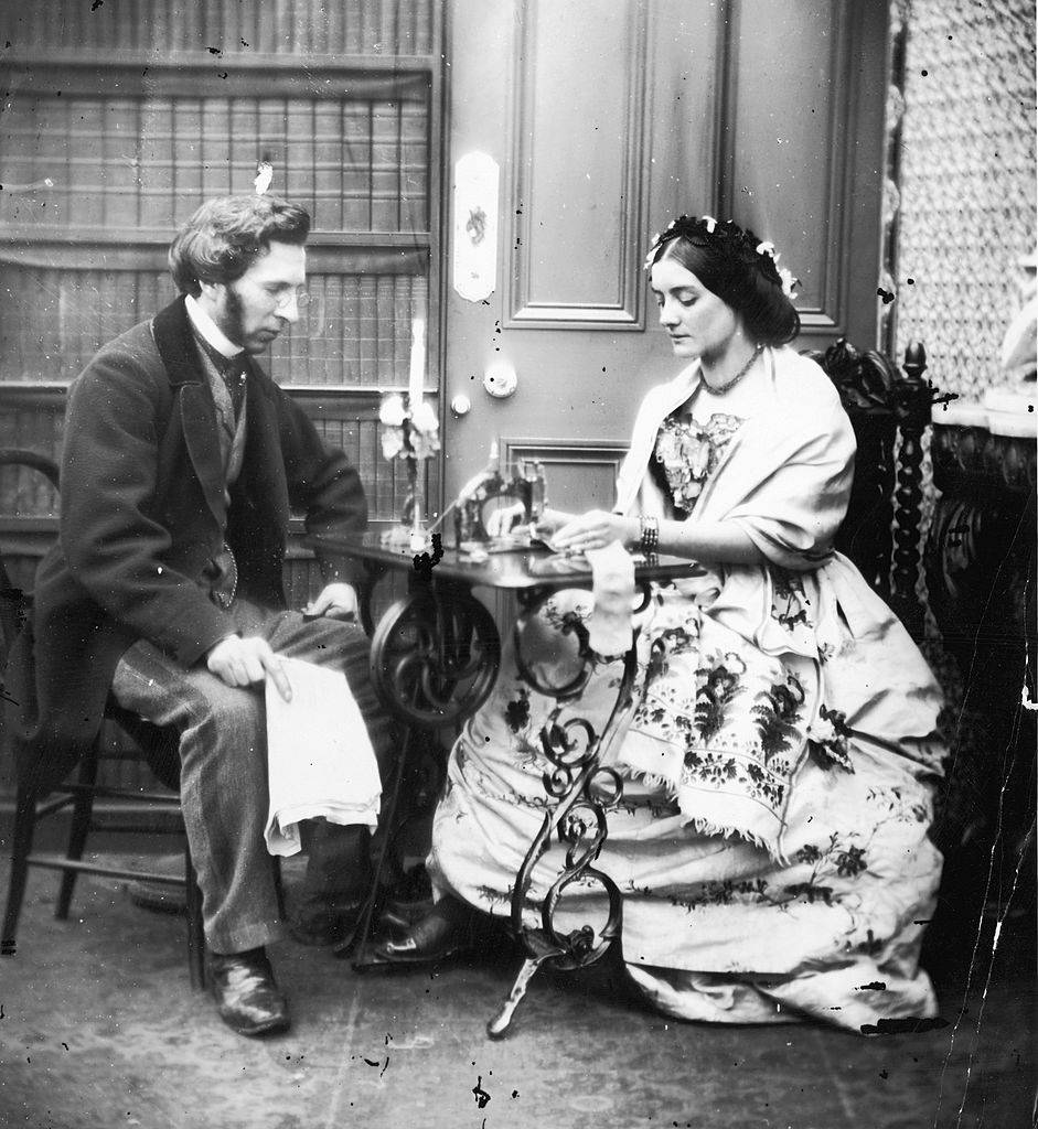 A Victorian couple with a sewing machine, circa 1855