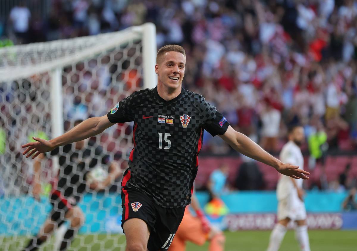 Mario Pasalic of Croatia celebrates a goal during a Euro match soccer game against Spain which took place in Denmark.