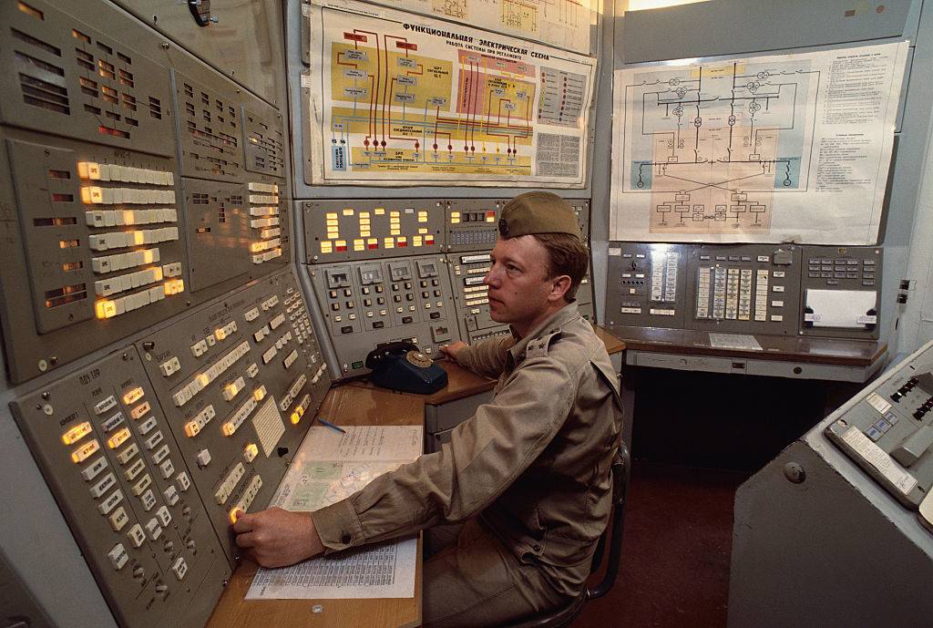 Control room at nuclear missile base, outside of Moscow