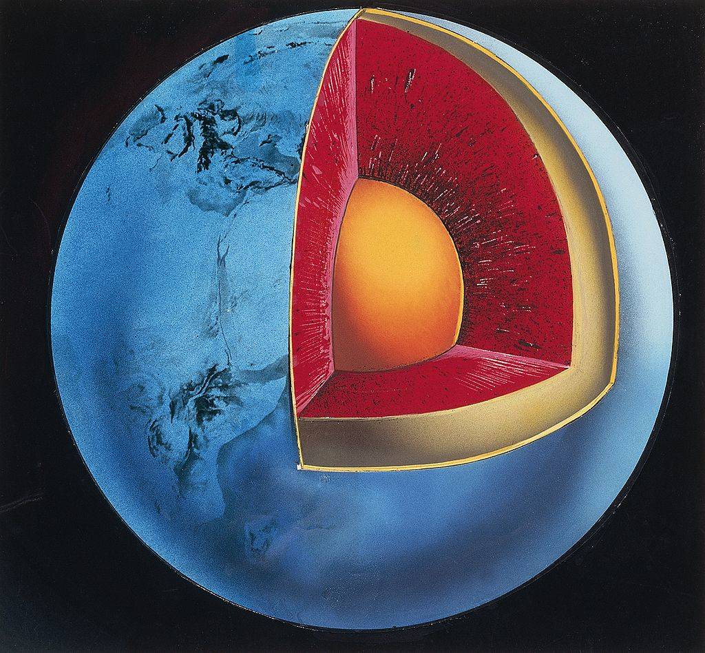 Diagram of the Earth's interior showing the crust (aluminium, silicate), the mantle (magnesium, silicate) and the core (iron, nickel)