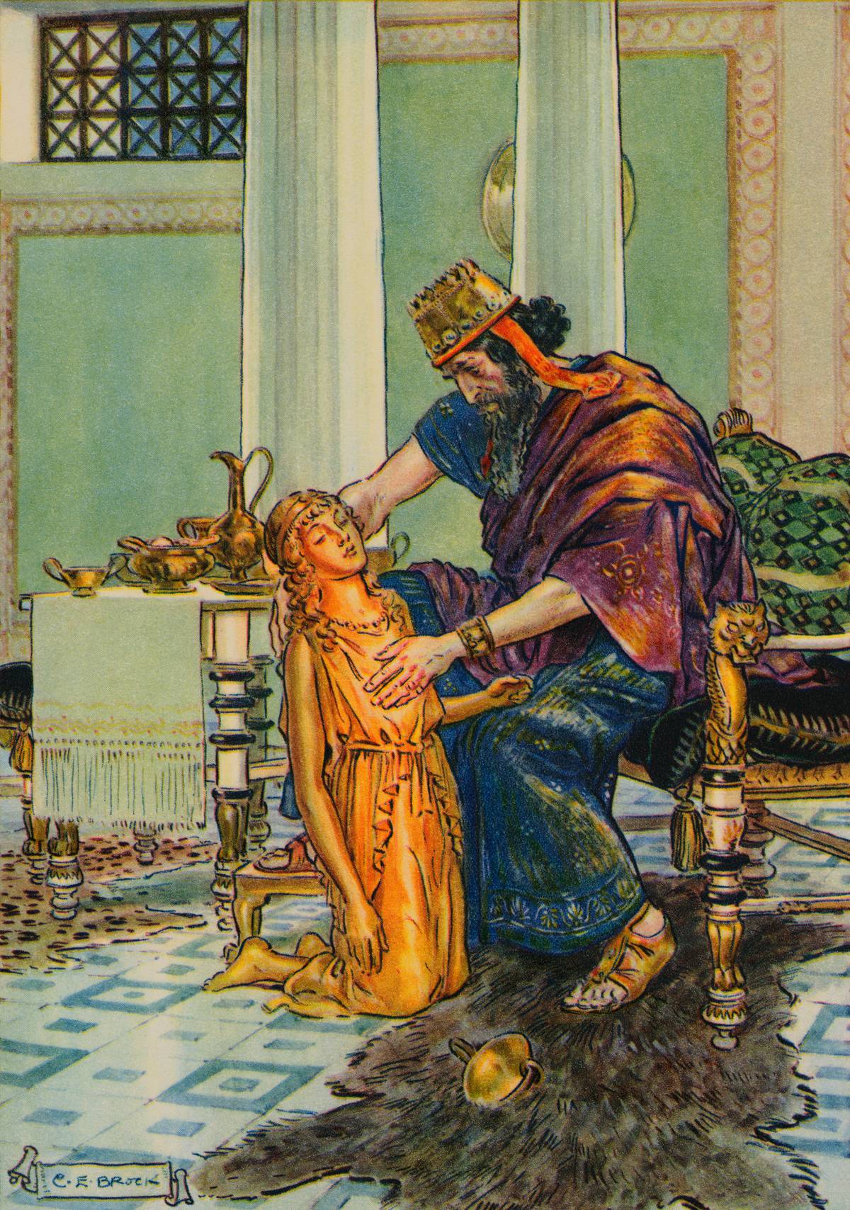 Illustration of King Midas Seeing Daughter Turning into Gold by C.E. Brock