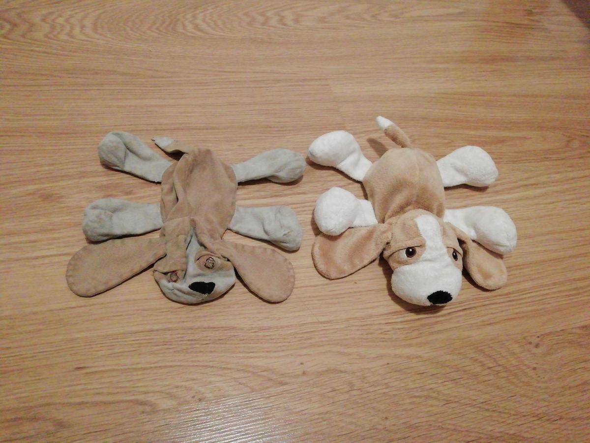 14-year-old well-worn dog stuffed animal compared to a new one
