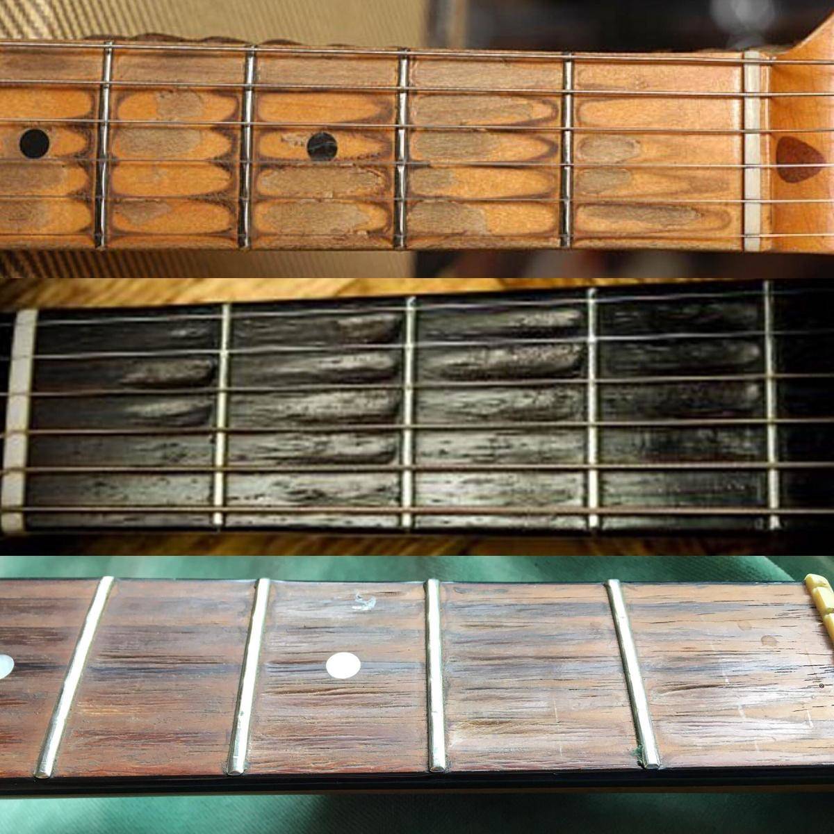Frets on guitar neck worn from extreme use