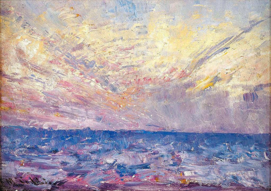oil painting with blue, yellow, pink, and orange