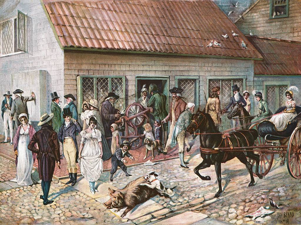 colonial illustration of people in the street