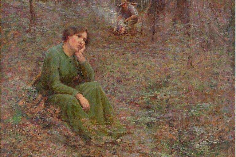 painting with woman in foreground and man in background