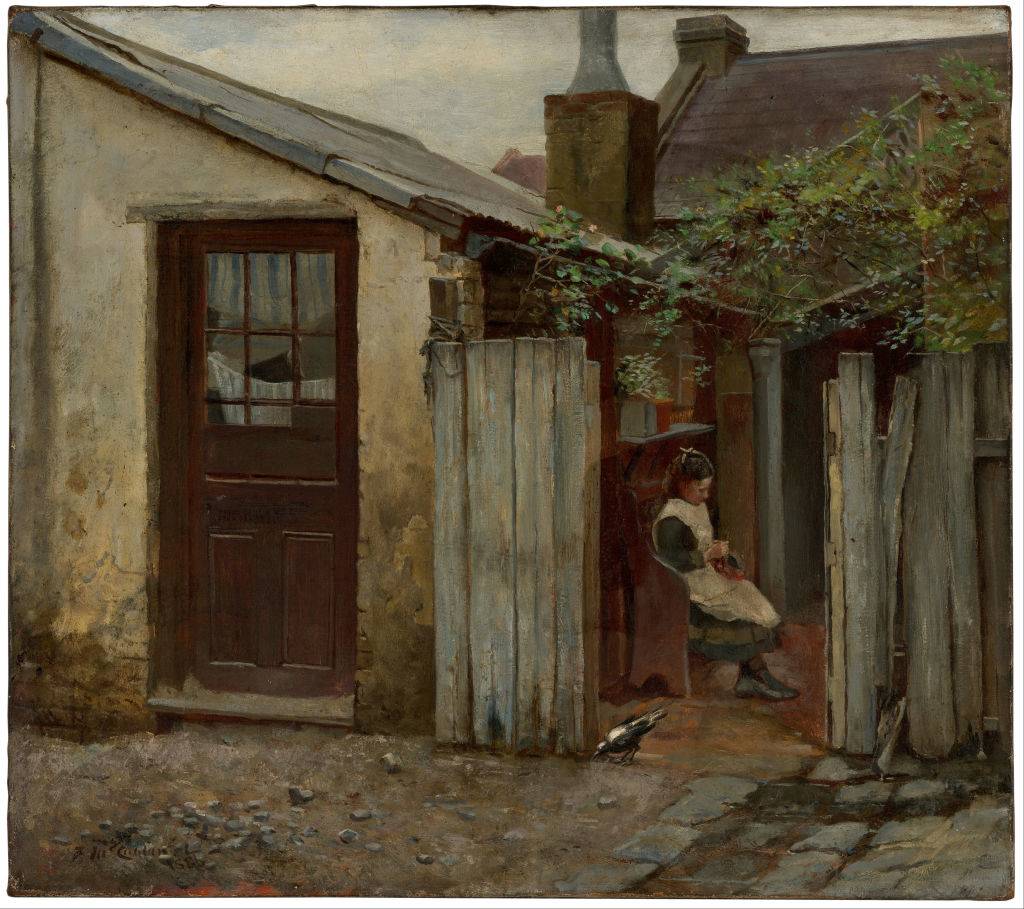 Girl with bird at the King Street bakery, 1886