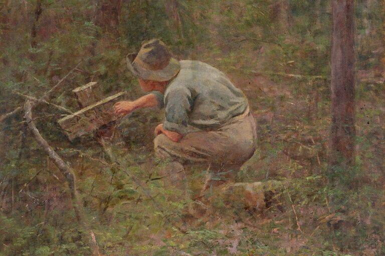 right panel of painting with man looking at grave