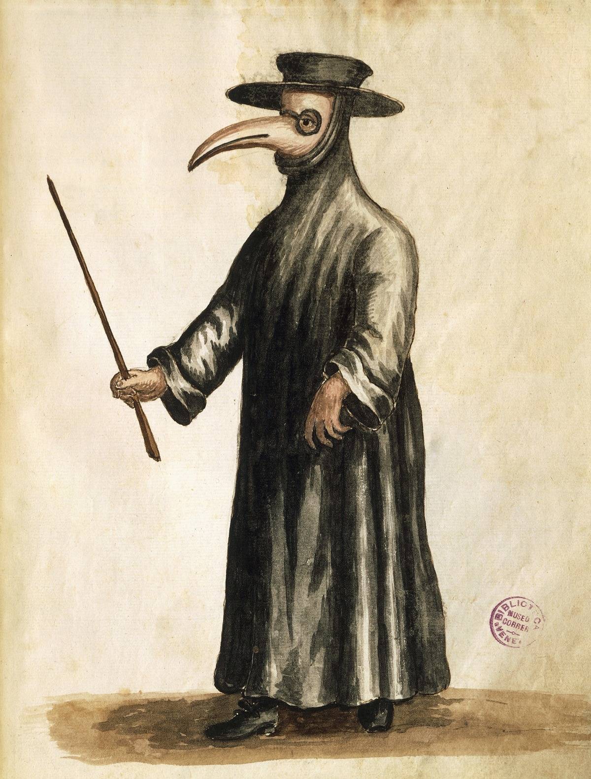A watercolor painting of a doctor in protective gear during the black plague.