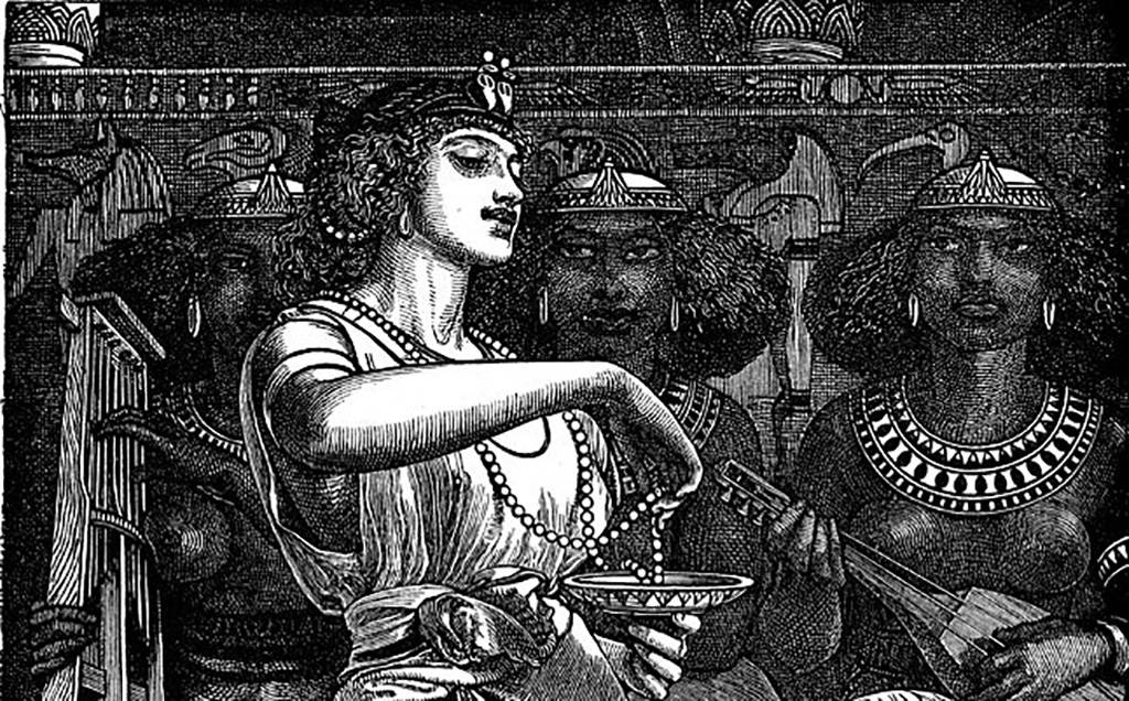 Illustration of Cleopatra and slave women behind her