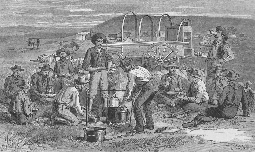 Black and white illustration of cowboys cooking