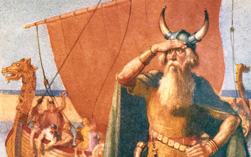 Painting of a Viking wearing horned helmet