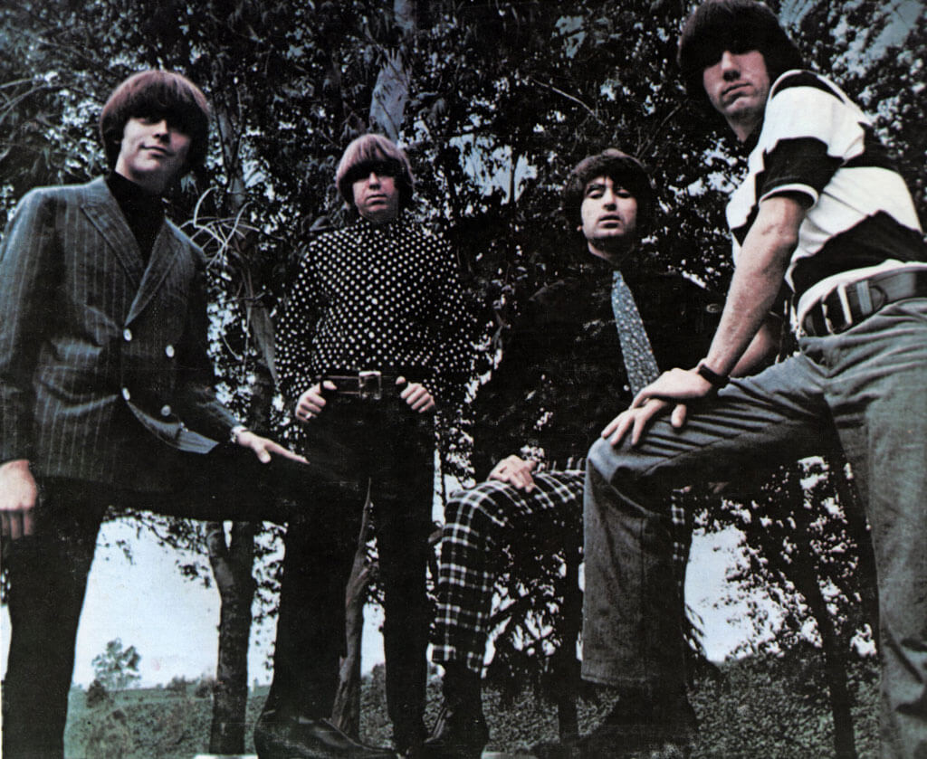 The Standells in color picture looking down at camera, trees in background