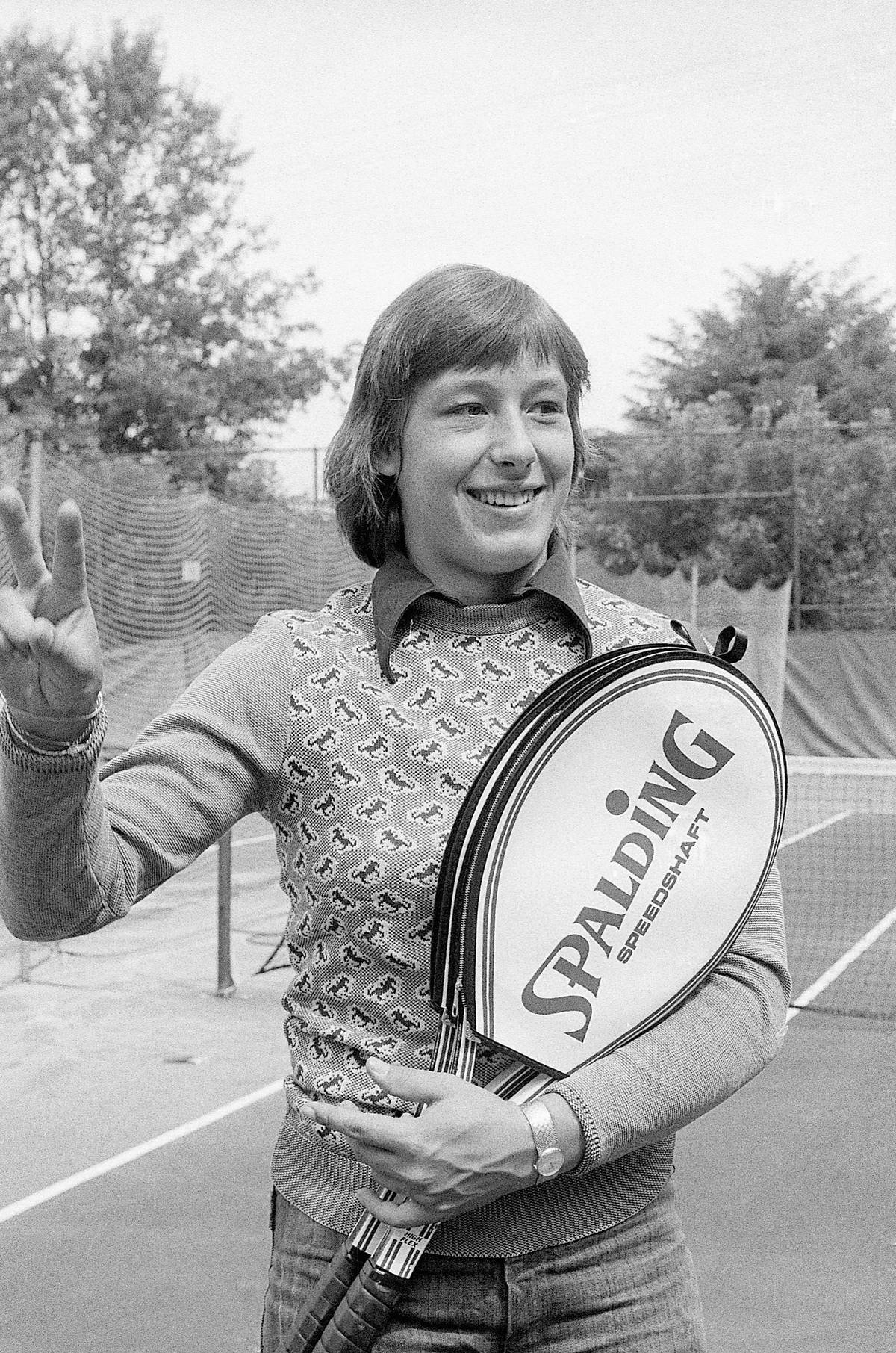 Navratilova Showing a Sign of Peace
